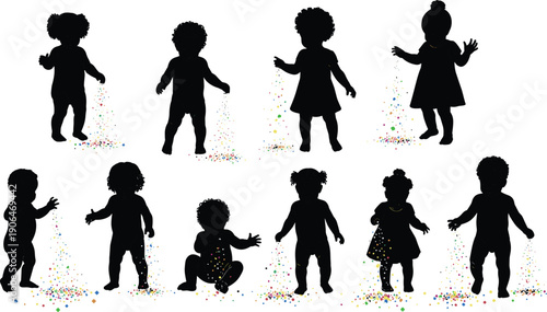 Baby silhouettes playing with colorful confetti, joyful childhood moments, celebration, happiness, diversity, fun learning, playful development concept illustration