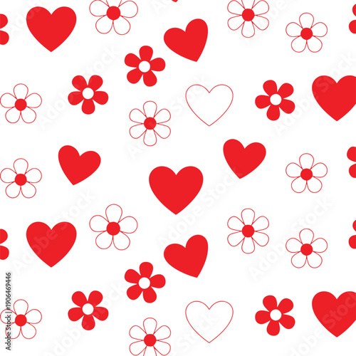 Seamless Pattern with Red Hearts and Simple Flowers for Valentine's Day