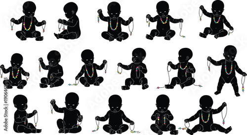 Baby silhouettes playing with colorful beads and necklaces, sensory play, fine motor skills, creativity, early childhood learning concept illustration
