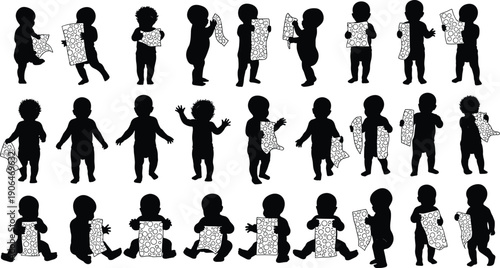 Baby silhouettes playing with patterned paper and fabric sheets, tactile exploration, creativity, motor skills, early childhood learning concept illustration