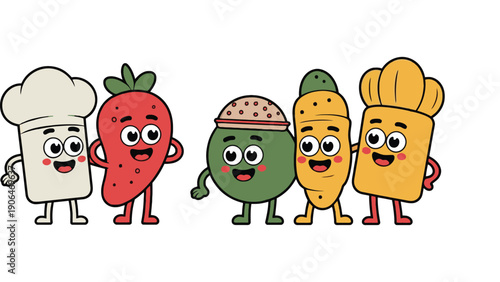 A group of cartoon fruits and bread characters standing together happily