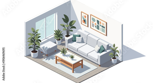 Isometric Living Room Interior with Furniture and Plants.