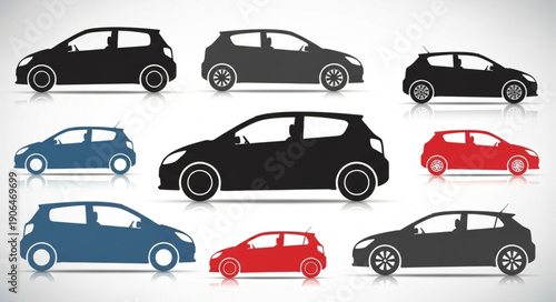 Collection of modern compact car silhouettes in various colors.