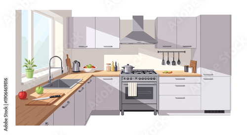 Modern Kitchen Interior with Appliances and Cabinets.