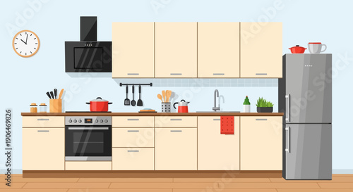 Modern Kitchen Interior with Appliances and Cabinets.