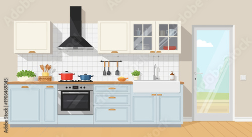 Modern Kitchen Interior with Light Blue Cabinets.