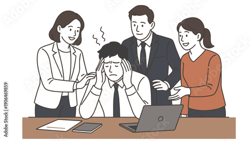 A stressed businessman surrounded by his concerned colleagues at a meeting