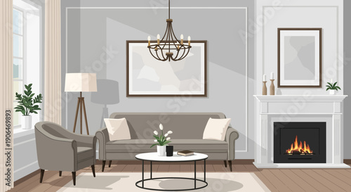 Modern Living Room Interior with Fireplace.