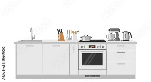 Modern White Kitchen Counter with Appliances.