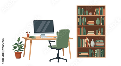 Office Desk with Computer and Bookshelf.