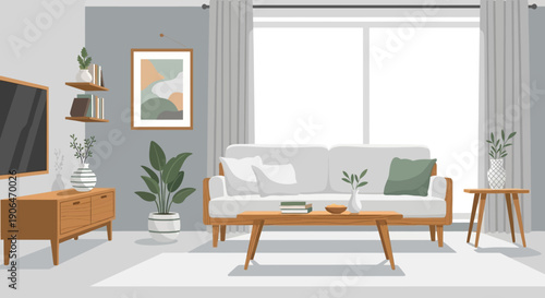 White Sofa with Wooden Furniture Living Room.
