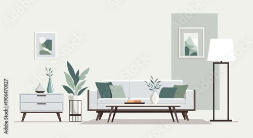 White Sofa with Green Pillows and Decor.