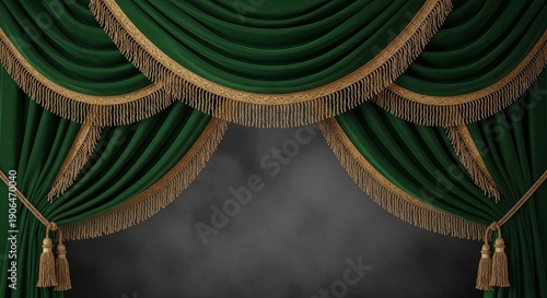 Elegant Emerald Green Velvet Stage Curtains With Gold Fringe And Tassels Dramatic Lighting And