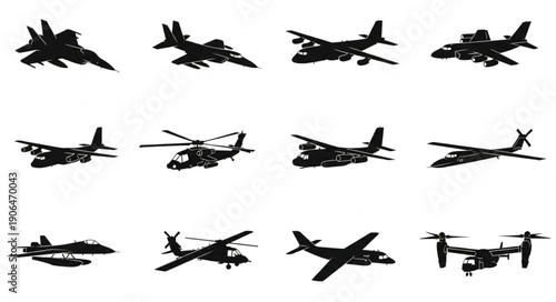 Collection of military aircraft silhouettes in black and white.