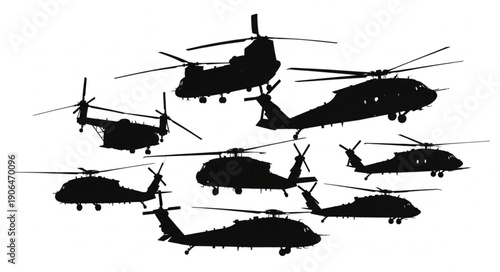 Collection of military helicopter silhouettes in flight formation.