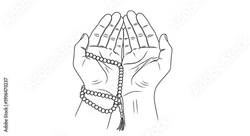 Praying hands with rosary minimalist line art in simple monochromatic style for spiritual or religious themes