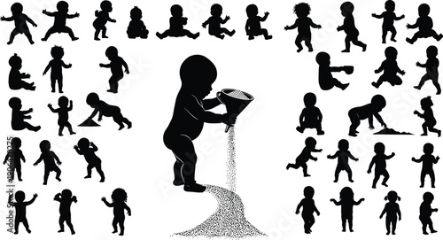 Baby silhouettes showing growth stages with sand pouring metaphor, time passing, development process, learning milestones, childhood evolution concept illustration