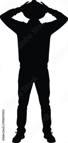 Man holding head in stress silhouette illustration, frustrated male person isolated on white background representing anxiety and mental health crisis