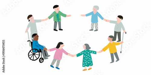Diverse group of people holding hands in a circle illustrating community