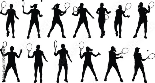 Silhouette collection of tennis players in action poses, dynamic sports figures isolated on white background, professional athletes swinging racket vector illustration