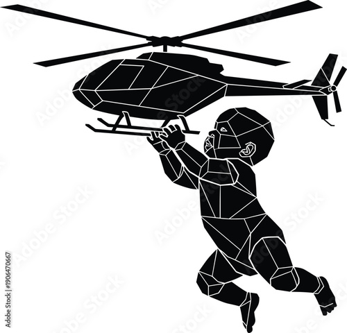 Child silhouette flying helicopter toy, kid imagination and dream concept, future pilot ambition, aviation inspiration illustration, isolated black geometric child art