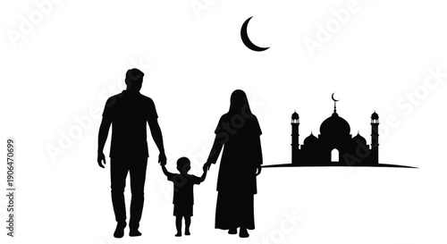Muslim family silhouette walking towards mosque in crescent moonlight for Ramadan
