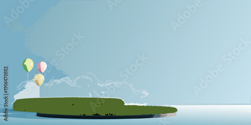 Stylized 3d render of a small island with floating balloons and smoke