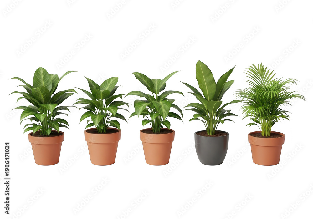 Fototapeta premium Five potted plants isolated on transparent background