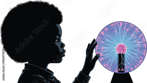 Child silhouette touching plasma globe, science curiosity, discovery, electricity energy, STEM learning, imagination, future innovation concept illustration