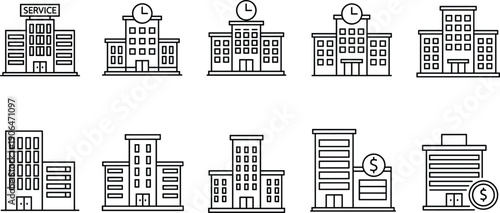 Set of office building and bank line icons, corporate skyscraper silhouettes with clock and dollar symbols for financial business center and urban architecture,