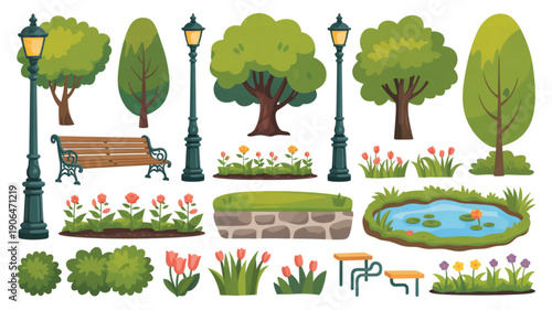 Vibrant park elements with trees, benches, and flowers
