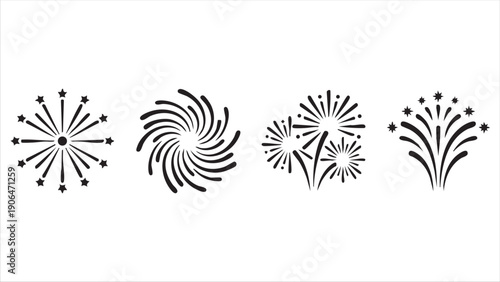 Set of black fireworks and firecracker icons for celebration events and festive holiday design