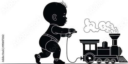 Cute baby silhouette illustration, toddler playing with toy train, black and white child graphic, flat vector design for kids concept