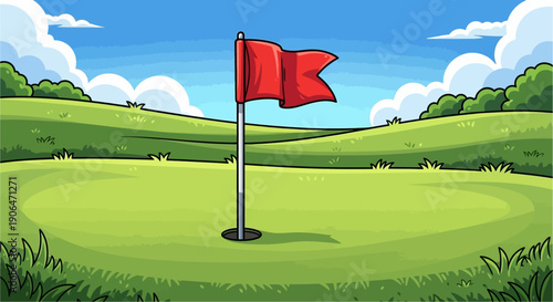 A cartoon illustration of a golf course with a red flag in the hole, green hills, and a blue sky with clouds.