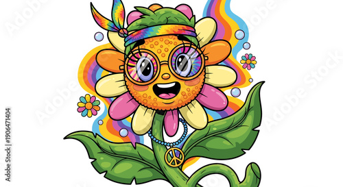 Vibrant Groovy Hippie Flower Character Illustration with Rainbow Headband and Peace Sign Necklace Expressing Joy and Retro Style with Colorful Background Bubbles