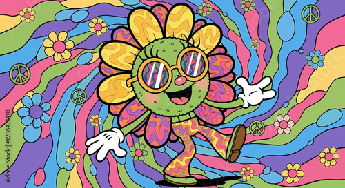Vibrant psychedelic cartoon flower character dancing happily amidst a groovy wavy background adorned with peace signs and floral patterns, embodying a cheerful retro vibe