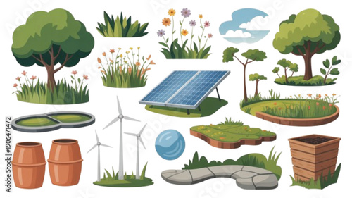 Sustainable eco-friendly elements set with renewable energy sources