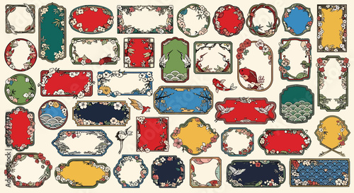 Collection of Vintage Floral and Geometric Frames with Decorative Asian Motifs and Koi Fish Illustrations