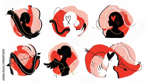 Collection of abstract silhouette icons featuring feminine figures, hearts, wings, and cupid arrows, symbolizing love, romance, and emotional connection design elements