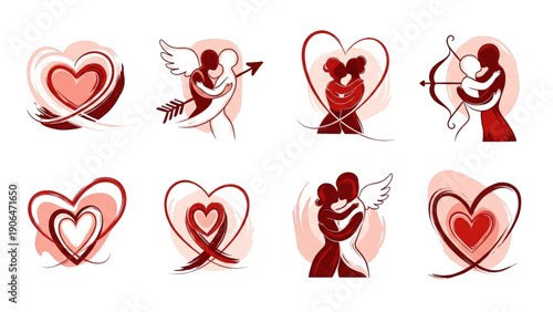 Collection of romantic valentine day icons featuring abstract heart shapes and embracing couple silhouettes illustrating deep love and affection