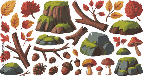 Vibrant forest elements collection with autumn leaves and mushrooms