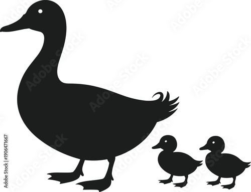 Black silhouette of a mother duck with two ducklings walking together on a white background baby animal