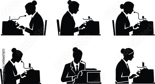 Woman silhouette typing on typewriter, professional writing and journalism concept, office work scenes, vintage communication technology, isolated black business illustration