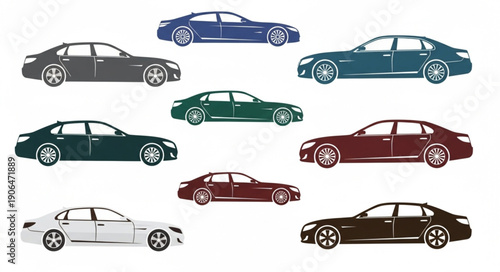 Collection of modern luxury sedan cars in various colors.