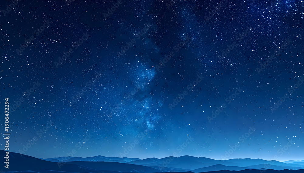 Fototapeta premium A breathtaking blue abstract of a starry night sky featuring a glowing galaxy nebula and a distant moon reflecting over a dark winter nature landscape with snow and clouds in the deep cos