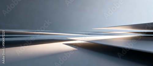 Abstract architectural structure with sharp lines and reflective surfaces in modern interior environment viewed from dynamic low angle perspective