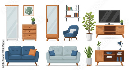 Collection of modern furniture and home decor items.