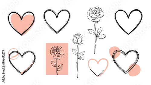 Collection of minimalist line art illustrations featuring delicate rose drawings and various heart shapes ideal for romantic design projects