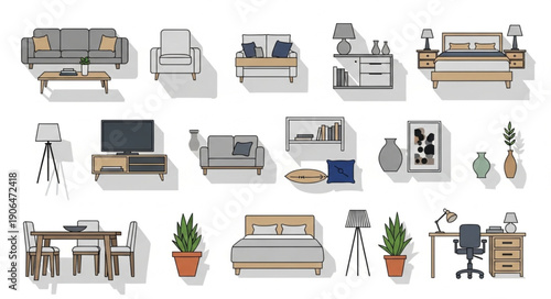 Collection of modern furniture and home decor items.