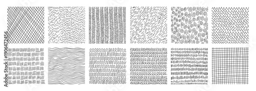Pencil drawn crosshatch pattern collection with scribble techniques set. Textured line work creates shading depth. Ideal for hand-sketched background and artistic pencil illustration.